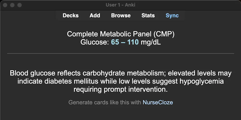 Preview of an anki card from the NurseCloze lab values deck